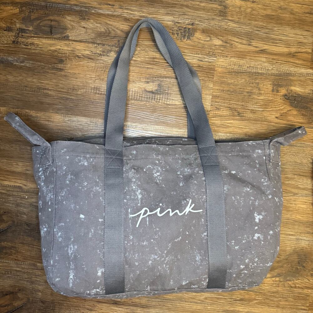 Victoria's Secret PINK gray charcoal acid wash canvas tote Weekender Travel Bag